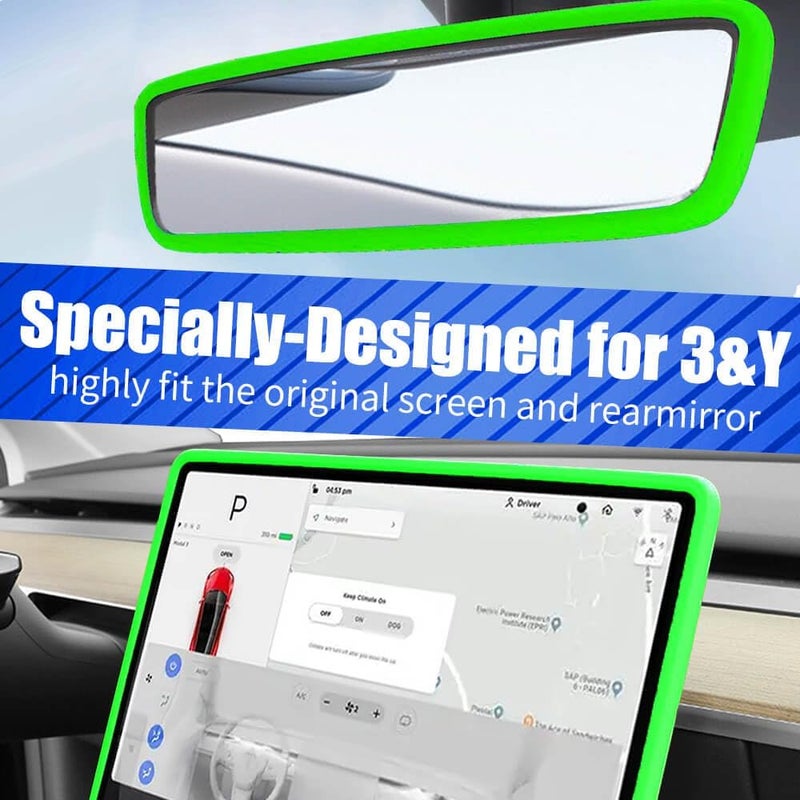 Yeapop 2Pcs Silicone Protector Frames of Screen and Rear View Mirror for Tesla Model 3 2017-2023 and Model Y 2019-Feb.2025. (Green) - Image 2